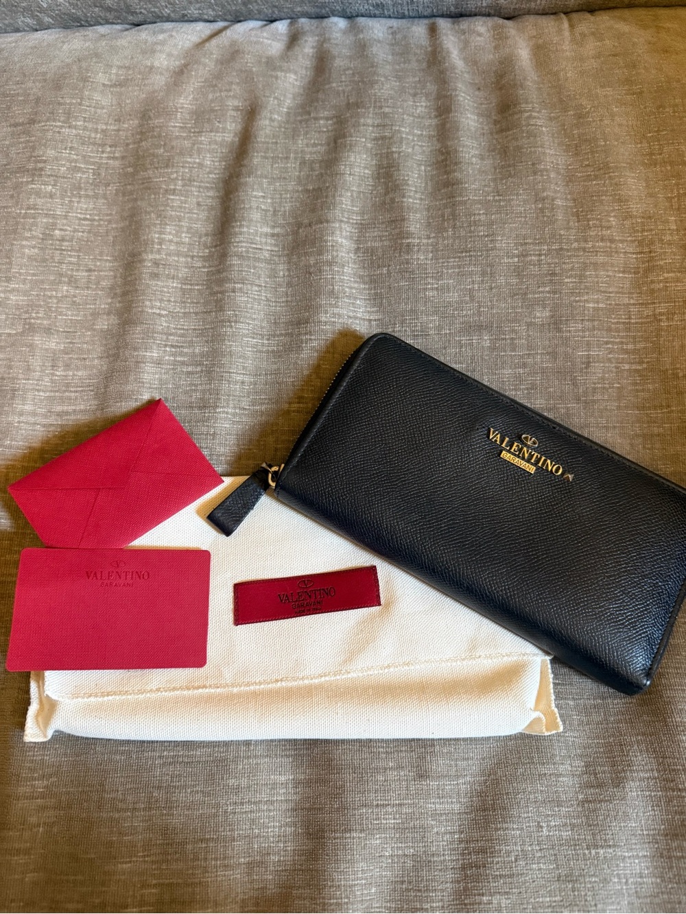 Valentino Garavani Black Saffiano Leather Zip Wallet with Gold Logo